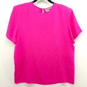 100% Silk Hot Pink Blouse Shoulder Pads Short Sleeve 9/10 Jordan